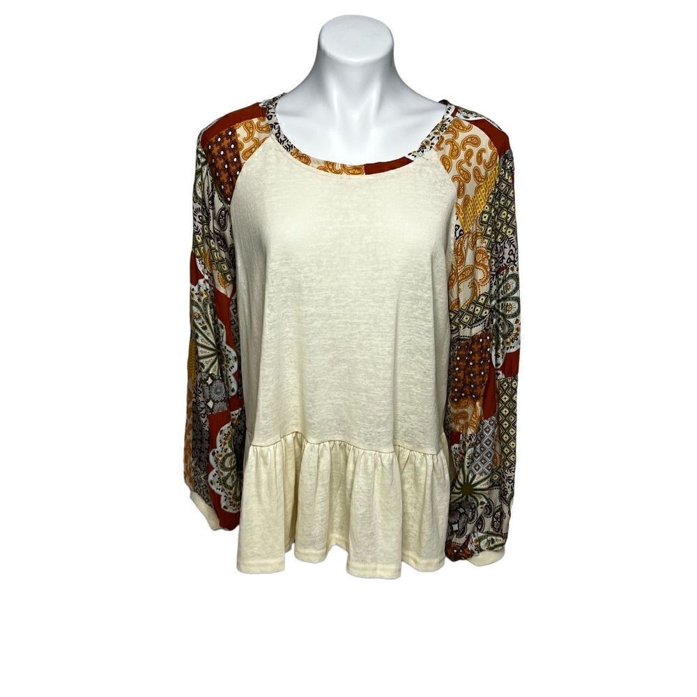 Umgee cream boho top with mixed print bishop sleeves size M